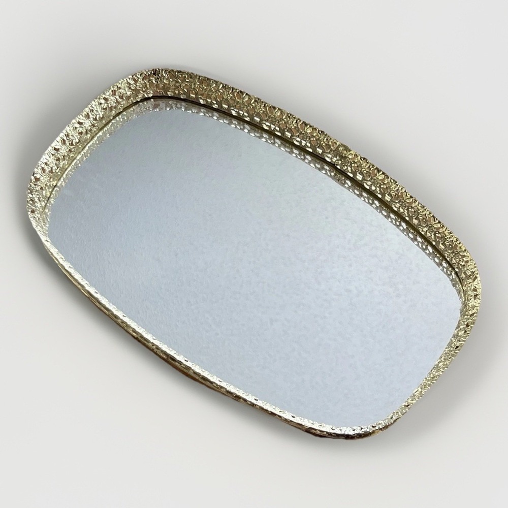 Vintage Gold Filigree Mirrored Vanity Perfume Tray Hollywood Regency Decor 12"